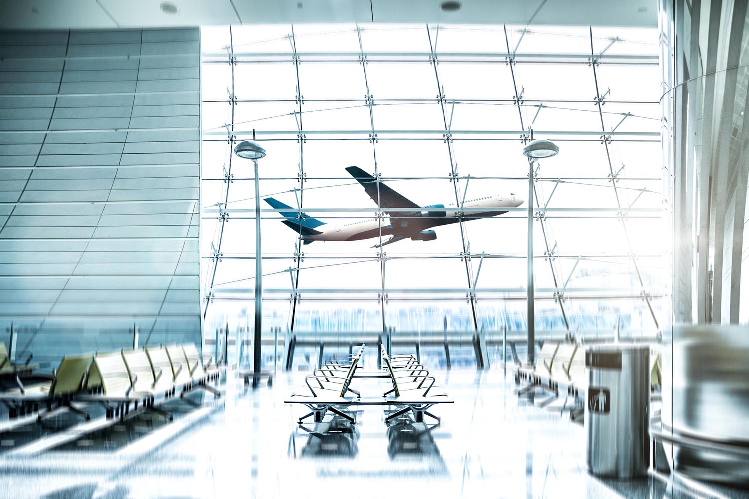 International airport waiting lobby and airplane take off and landing